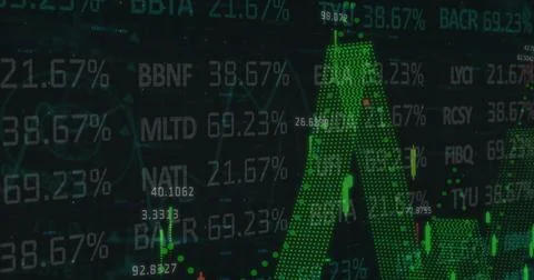 Image of financial data and graphs over black background イラスト素材