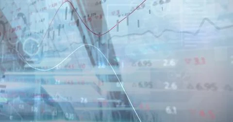 Image of financial data and graphs over blurred cityscape イラスト素材