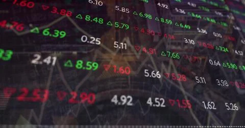 Image of financial data and graphs over black background イラスト素材