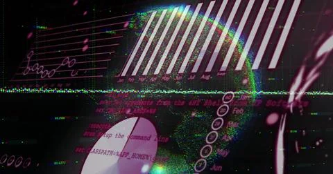 Image of financial data and graphs over globe on black background 스톡 일러스트