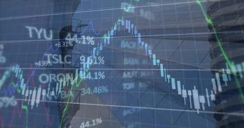 Image of financial data and graphs over cityscape Stock Photos
