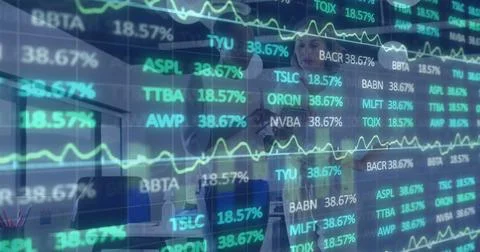 Image of financial data and graphs over diverse female coworkers in office Stock Photos