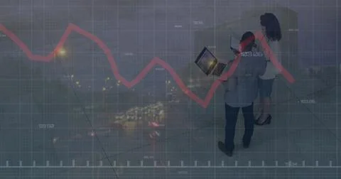 Image of financial data and graphs over diverse coworkers in office Stock Photos