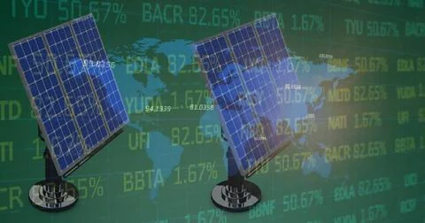 Image of financial data and graphs over solar panels Foto stock