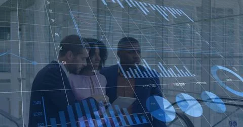 Image of financial data and graphs over diverse businesspeople talking 写真素材
