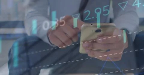 Image of financial data and graphs over hands of caucasian man using smartphone Stock Photos