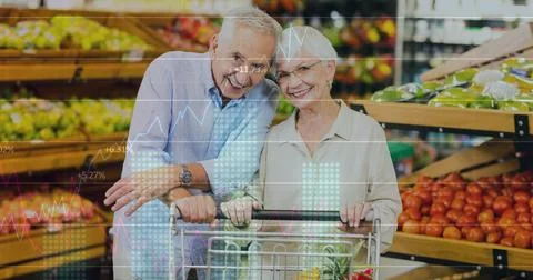 Image of financial data and graphs over happy senior caucasian couple in mark Fotos Stock