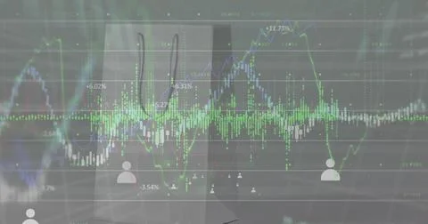 Image of financial data and graphs over paper shopping bag Stock Photos