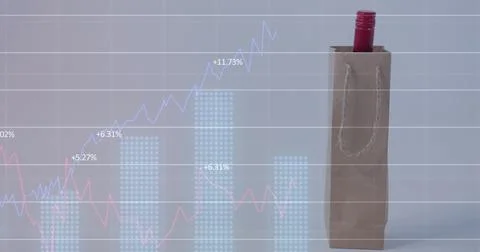 Image of financial data and graphs over paper shopping bag with alcohol Foto stock