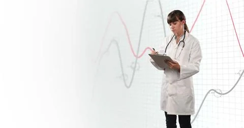 Image of financial data and graphs over caucasian female doctor Stock Photos