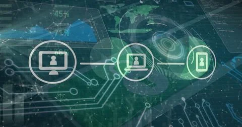 Image of financial data and graphs on digital screen and technology icons Stock Photos