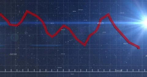 Image of financial data and graphs over blue background with lights Stock Photos