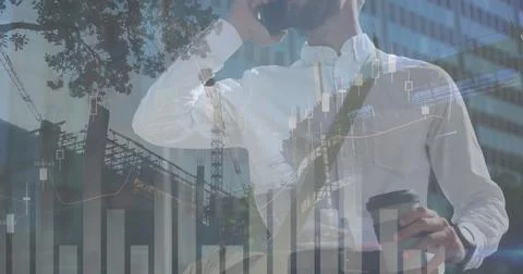 Image of financial data and graphs over caucasian businessman using smartphone Foto stock