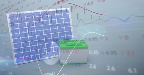 Image of financial data and graphs over solar panels 스톡 사진