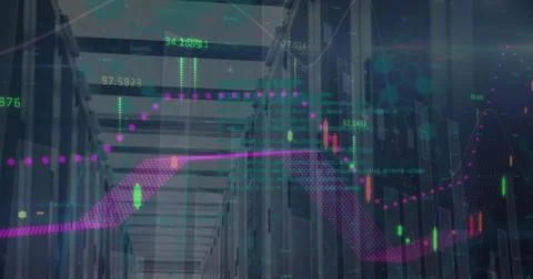 Image of financial data and graphs over servers Foto stock