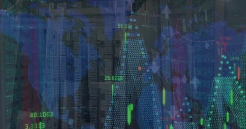 Image of financial data and graphs over servers 스톡 사진