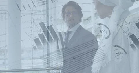 Image of financial data and graphs over diverse businessman and businesswoman Stock Photos