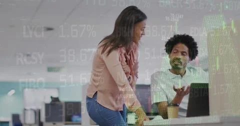 Image of financial data and graphs over diverse female and male coworkers in Stock Photos