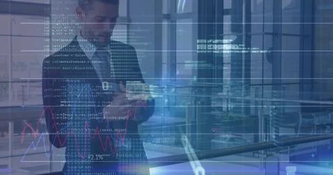 Image of financial data and graphs over caucasian businessman using smartphone Stock Photos