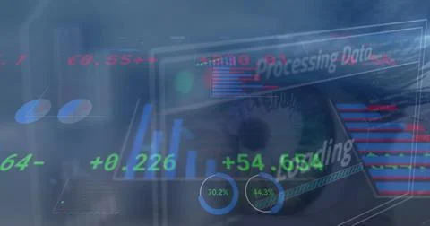 Image of financial data and graphs over woman eye on navy background Stock Photos