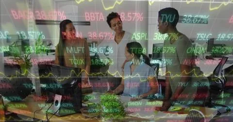 Image of financial data and graphs over diverse female coworkers in office Stock Photos