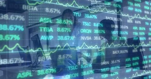 Image of financial data and graphs over diverse female coworkers in office Stock Photos