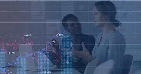 Image of financial data and graphs over diverse female coworkers in office Stock Photos