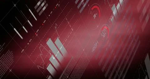 Image of financial data and statistics processing over world map and grid Stock Illustration