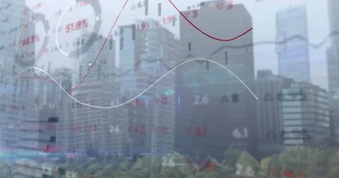 Image of financial data and statistics processing over city background 스톡 사진