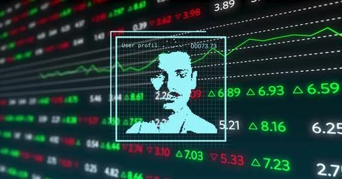 Image of financial data and user photos on black background Stock Illustration