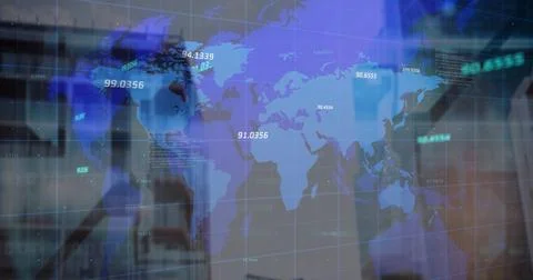Image of financial data and world map over blurred cityscape Ilustração Stock