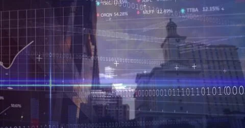 Image of financial data, binary code and graphs over city buildings Stock Photos