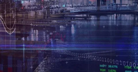 Image of financial data, binary code and graphs over city buildings Stockfoto's