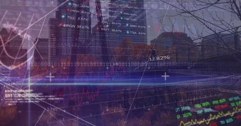 Image of financial data, binary code and graphs over city buildings 写真素材