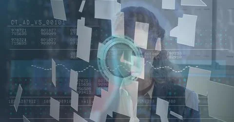 Image of financial data, clock and digital cloud over caucasian businesswoman Stock Photos
