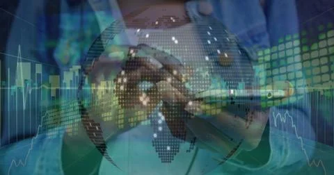 Image of financial data, globe and graphs over hands of caucasian woman using 스톡 사진