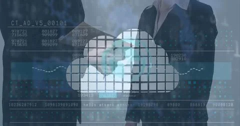Image of financial data, globe and digital cloud over midsection of caucasian Stock Photos