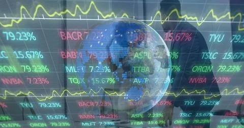 Image of financial data, globe and graphs over diverse coworkers in office Stock Photos