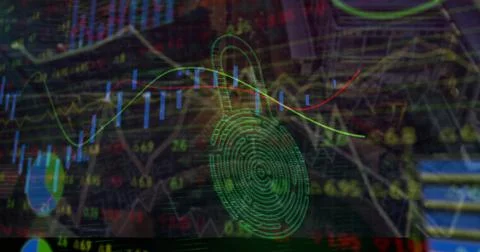Image of financial data, graphs and padlock with fingerprint over cityscape Ilustração Stock