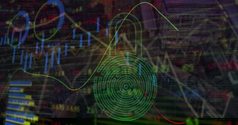 Image of financial data, graphs and padlock with fingerprint over cityscape Stock Illustration