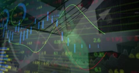 Image of financial data, graphs and padlock with fingerprint over architecture Ilustración de archivo