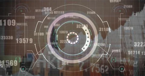 Image of financial data, graphs and processing circle over cityscape Stock Illustration