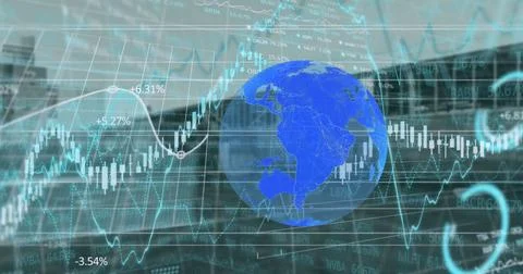 Image of financial data, graphs with blue globe on digital interface against Stock Photos