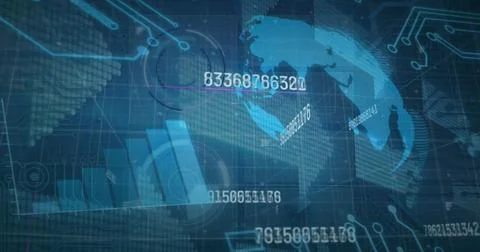 Image of financial data with graphs, globe processing on digital interface Foto stock