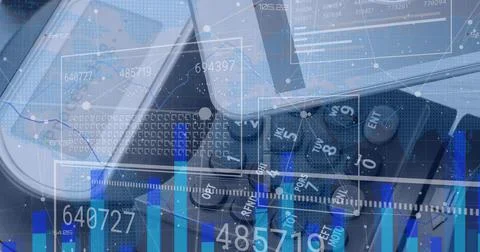 Image of financial data, graphs processing on digital interface against credit Stock Illustration