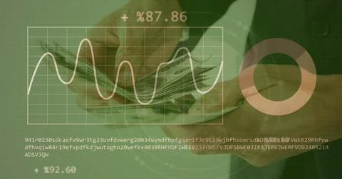 Image of financial data with icons over caucasian businessman counting dollars Stock Photos