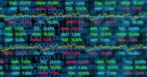 Image of financial data over binary code on black background Stock Illustration
