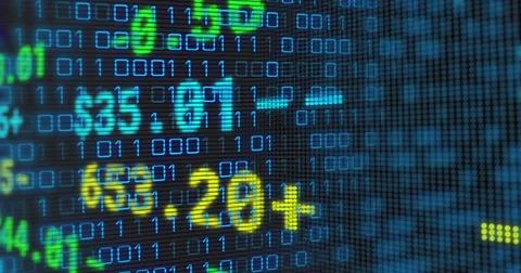 Image of financial data over binary code on black background Foto stock