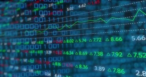 Image of financial data over binary code on black background 库存照片