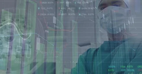 Image of financial data over biracial male surgeons cleaning hands Stock Photos
